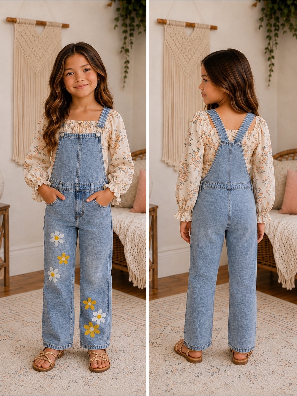 🌼Girls Floral Embroidered Denim Jean Overalls Size 7Y Wide Leg Boho Daisy NWT🌼